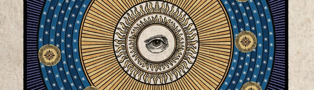 Celestial engraving of a sun with a watching eye